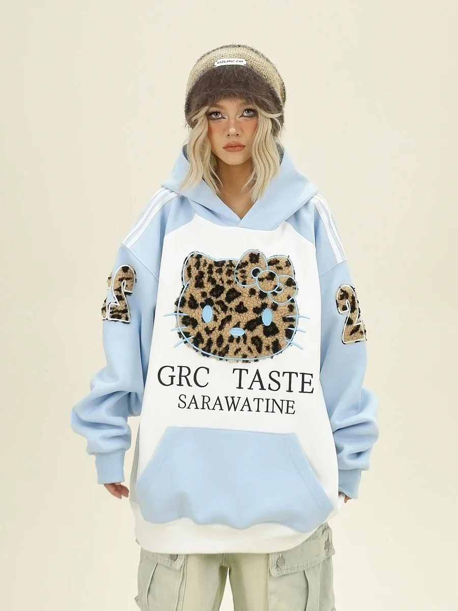 Color Matching Shoulder Leopard Print Cat Hoodies 2024 Autumn New Loose Bf College Style Top Women