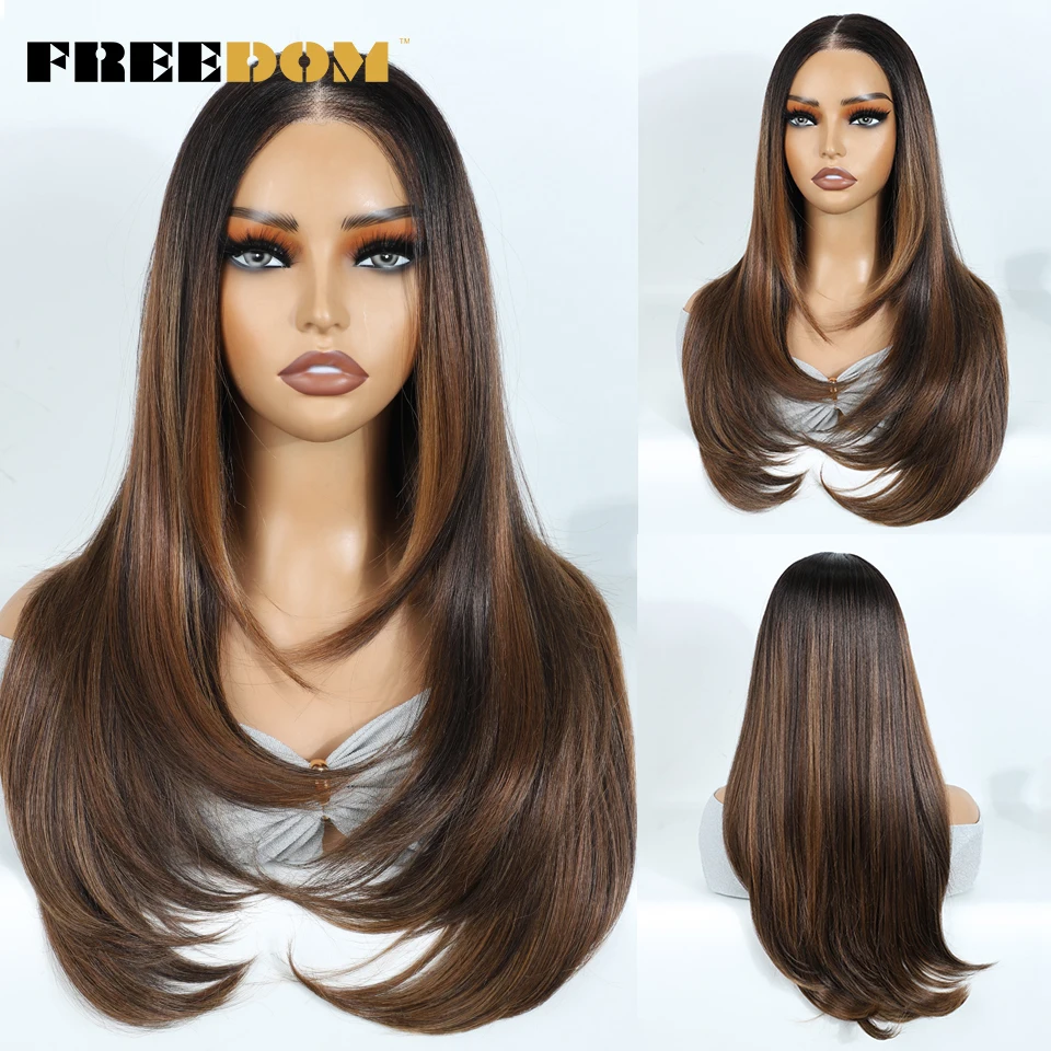 Synthetic Lace Front Wigs For Black Woman Layered Straight Wear and Go Glueless Wigs Ombre Brown T Part & 6x4 Pre Plucked Wig