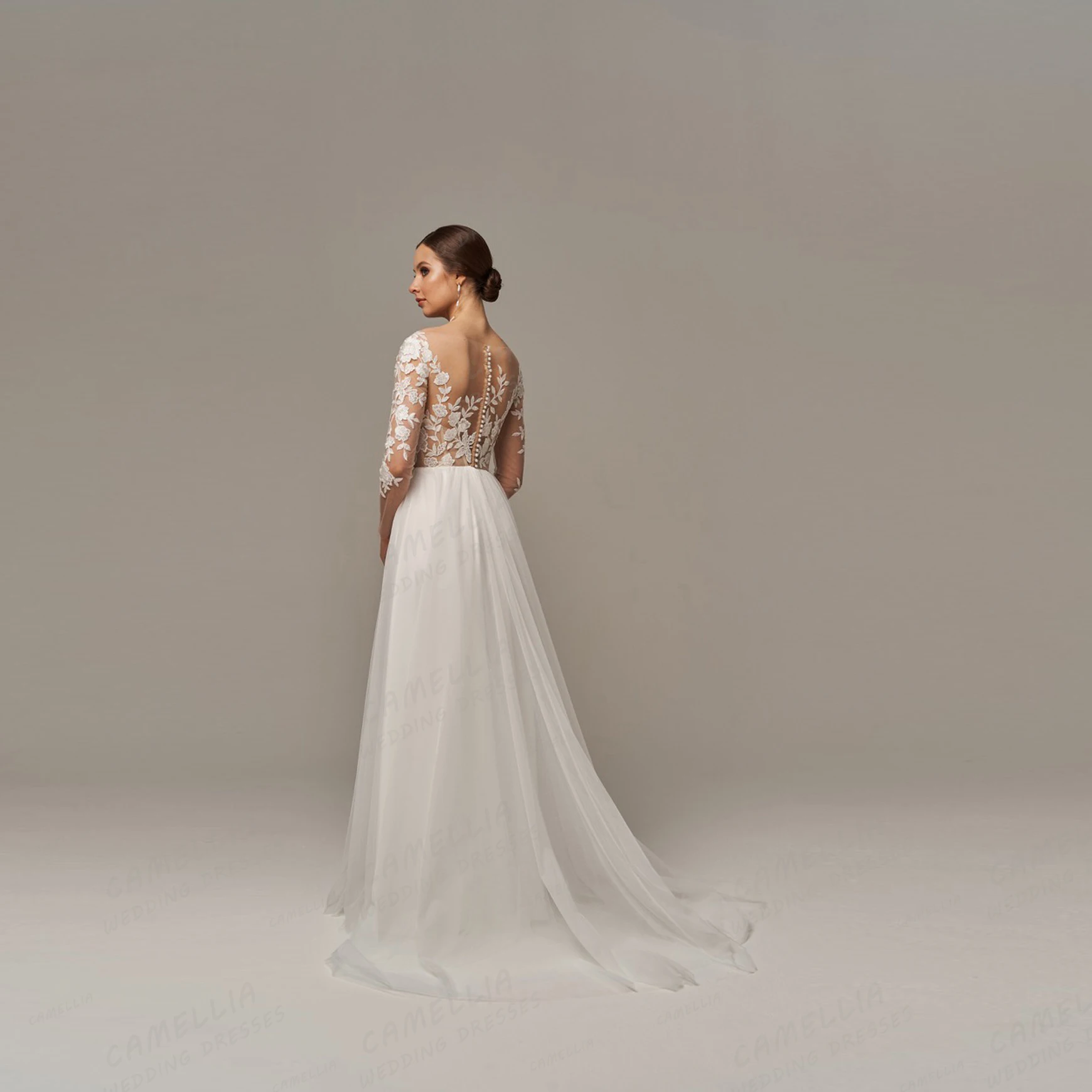 Elegant Women's Wedding Dresses A Line Lace Appliques Backless Long Sleeve Tulle 2025 Bridal Gowns Vestidos De Novia Customized