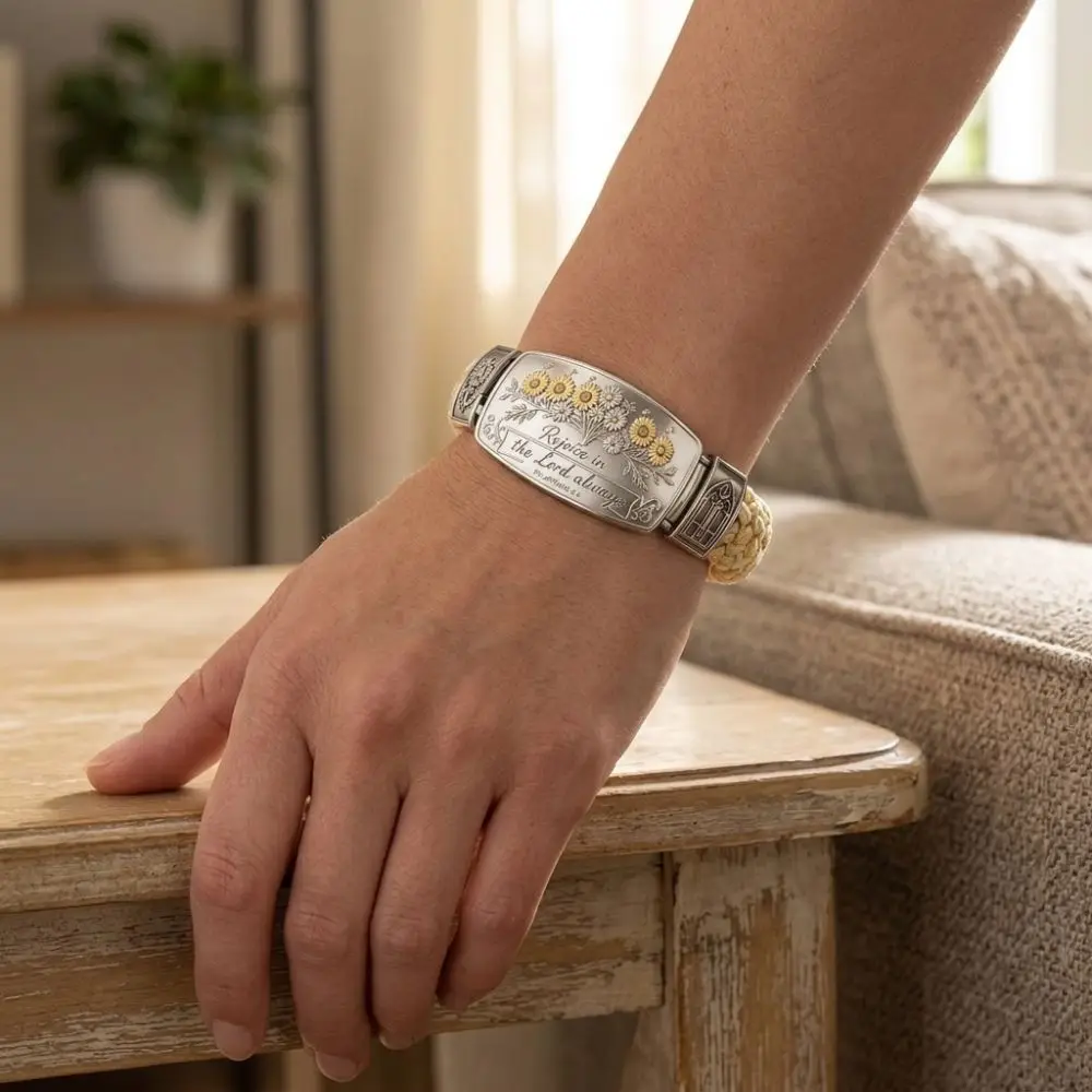 Faith Over Fear Faith Over Fear Bracelet Retro Style Bible Verse Cross Faith Bracelet Stainless Steel Floral Pattern