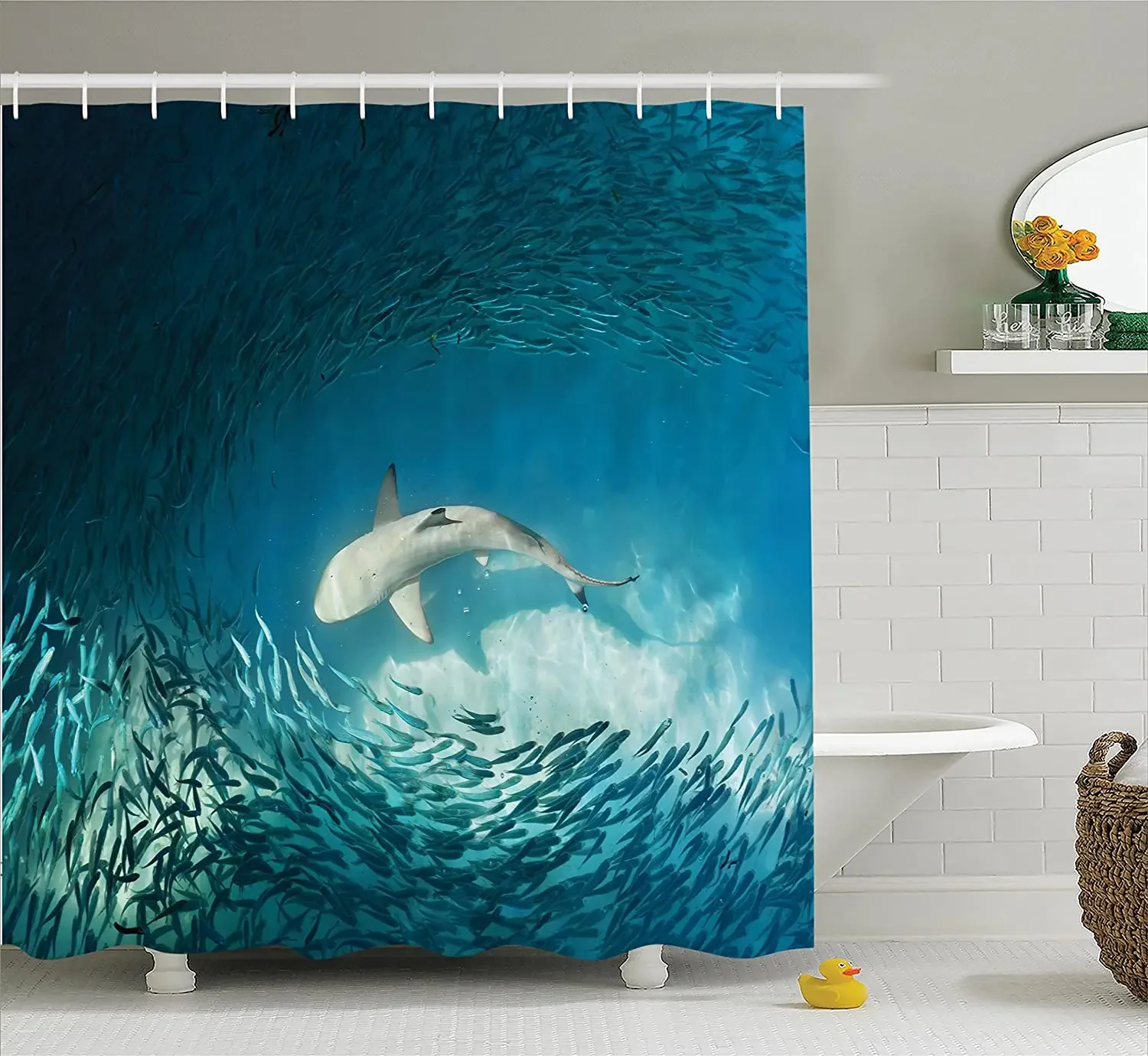 Sea Animals Shower Curtain Shark and Small Fish in Ocean Wilderness Waterscape Wildlife Nature Theme Bath Curtains For Bathroom