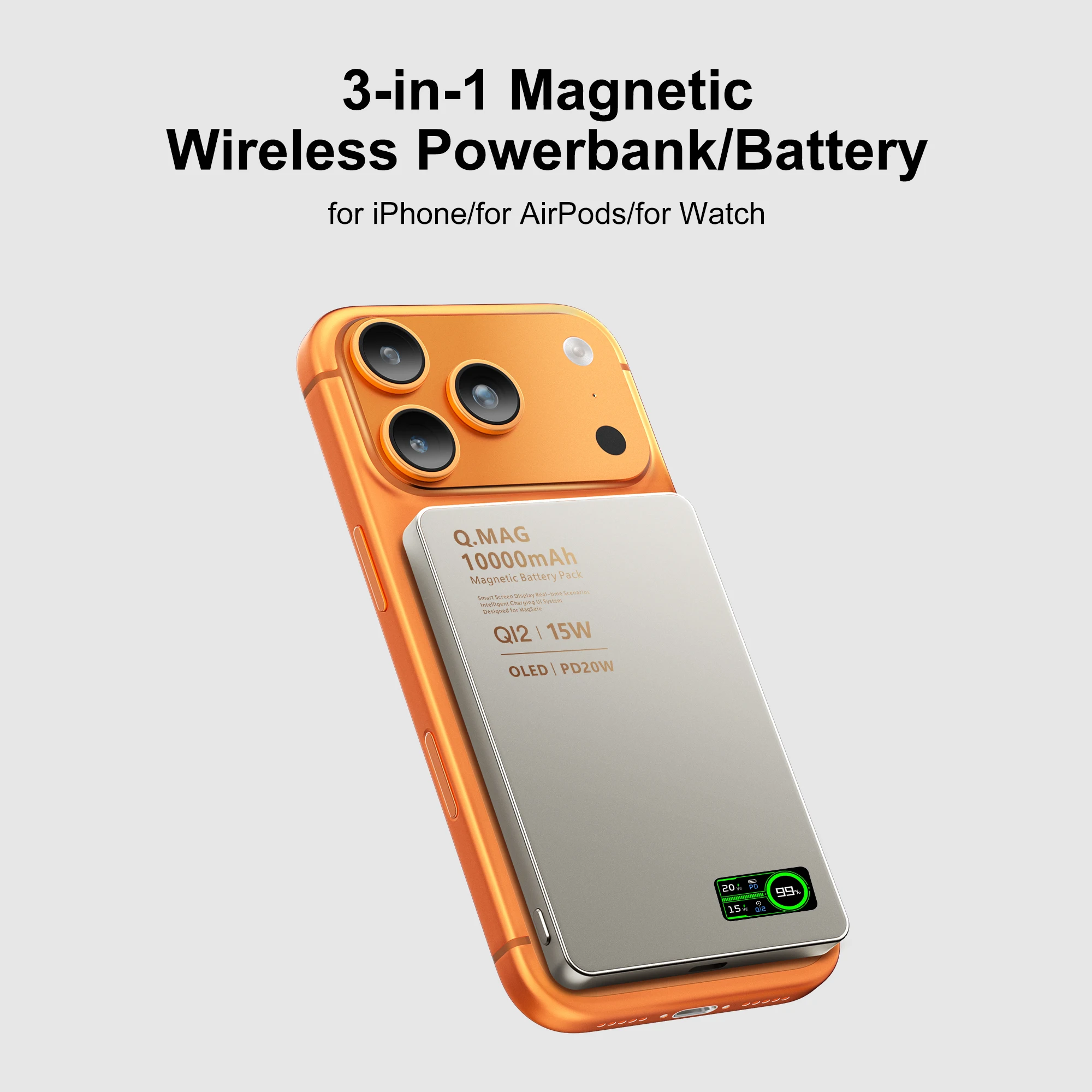 3 In 1 Magnetic Power Bank battery QI 15W Wireless Fast Charing With Intelligent LCD Screen for iPhone 12-17 Pro Watch Airpods