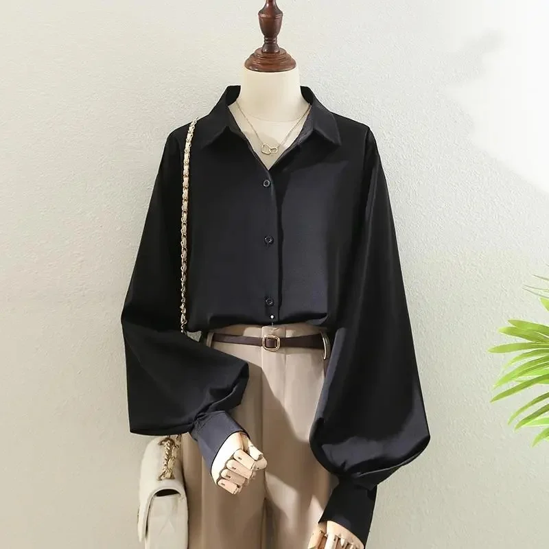 Spring Women New Solid Color Cardigan Blouse Design Sense Niche Feminine Loose Shirt Tops Korean Ladies Lantern Sleeve Shirts