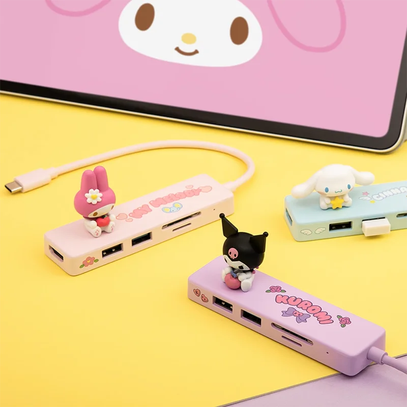 Korea Sanrio Mymelody Kuromi Cinnamoroll 5-In-1 Usb Extender Expansion Plug Multi-Port Multi-Interface Converter Anime Plush Toy