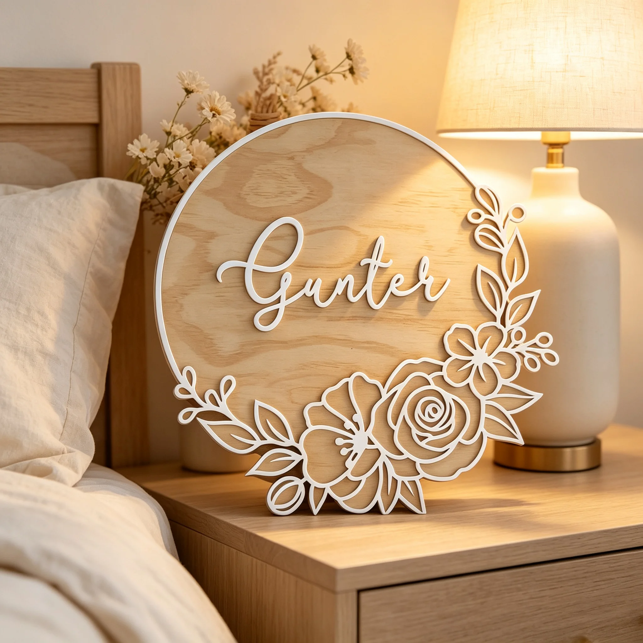 1Pc Personalized Floral Round Wooden Name Sign Custom Name Hollow Wood Plaque Nursery Door Wall Decor Baby Shower Newborn Gift