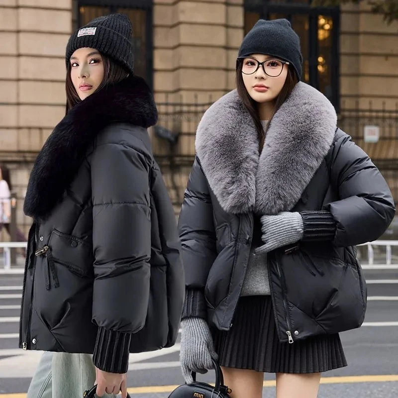 Mulheres inverno grande gola de pele quente engrossar algodão acolchoado jaqueta 2025 novas mulheres solto pão casaco de algodão feminino inverno outwear