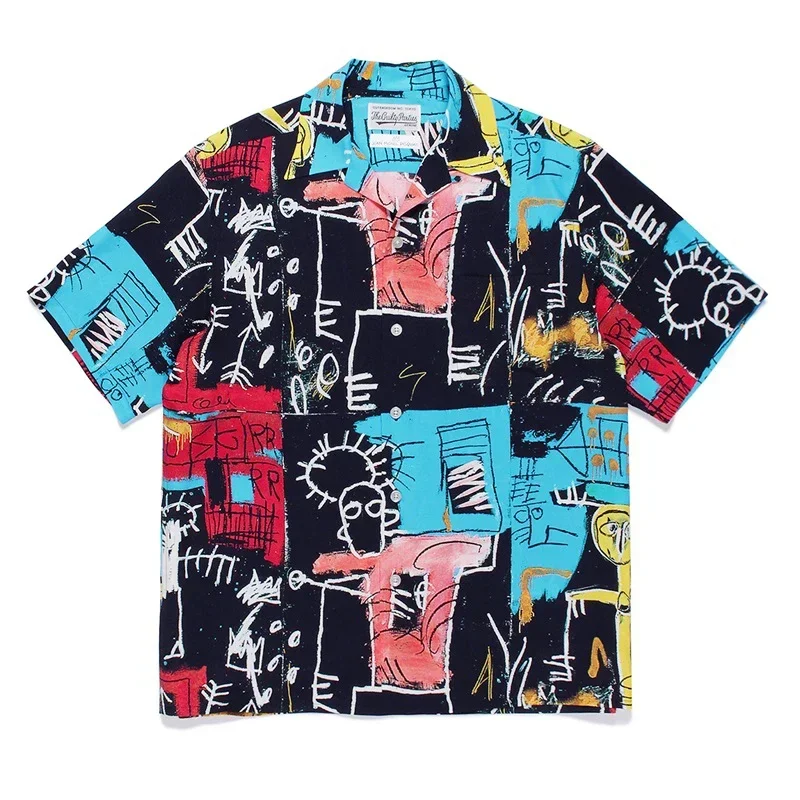 

WACKO MARIA Arrival Polyester Graffiti Printing Hawaiian Shirt TEE Thin Breathable Button Men Women Oversize Lapel Short Sleeve