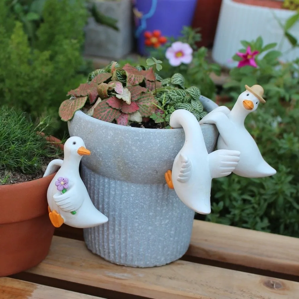 3PCS/SET Resin Duck Flowerpot Pendant Adorable Shape Realistic Simulated Animal Ornaments Whimsical Style Flower Pot Decor