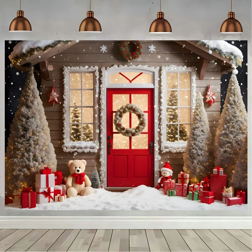 

Christmas Windows Bears and Gifts Backdrops Red Curtain Starry Sky Kids Family Photography Baby Photocall Xmas Wall Backgrounds