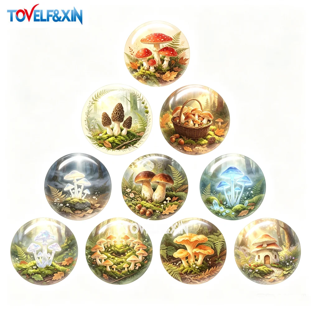 10pcs Vintage Forest Mushroom Glass Cabochons Botanical Watercolor Fairy Garden Cottagecore DIY Jewelry Making Craft Supplies