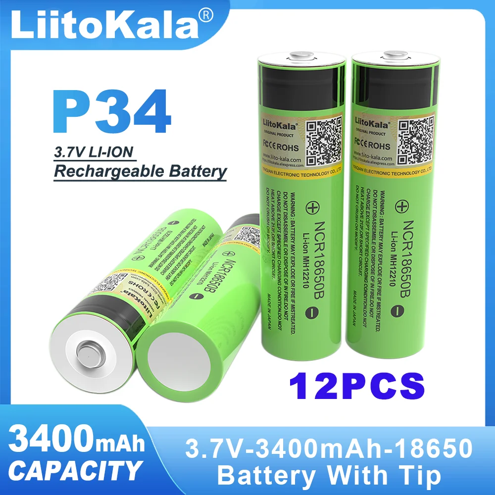 12PCS  Liitokala New Original NCR With TiP 18650B 3.7V 3400mAh 18650 Rechargeable Lithium Battery For  Flashlight Battery