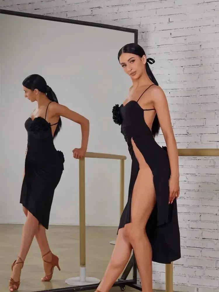 라틴 댄스 드레스 화이트 블랙 플로라 프린지 라틴 연습 공연복