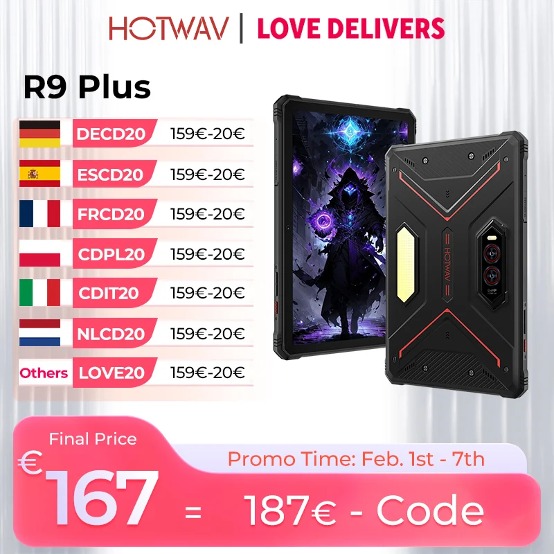 HOTWAV R9 Plus Tablet robusto 11 ''2K Display 20080mAh Pad 8GB 512GB 64MP Android 14 Tablet PC com super luz de acampamento