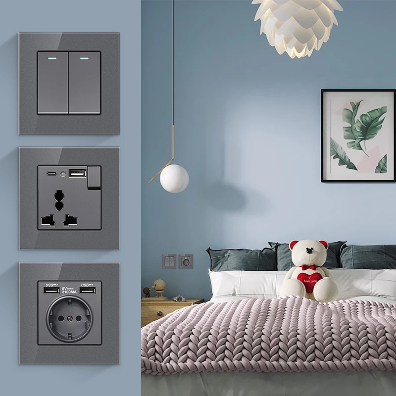 PSSRISE 86 French EU RU UK Wall Switch Socket with DC 5V 2.1A USB Type-c Charger Tempered Glass Panel Light Switch Power Outlet