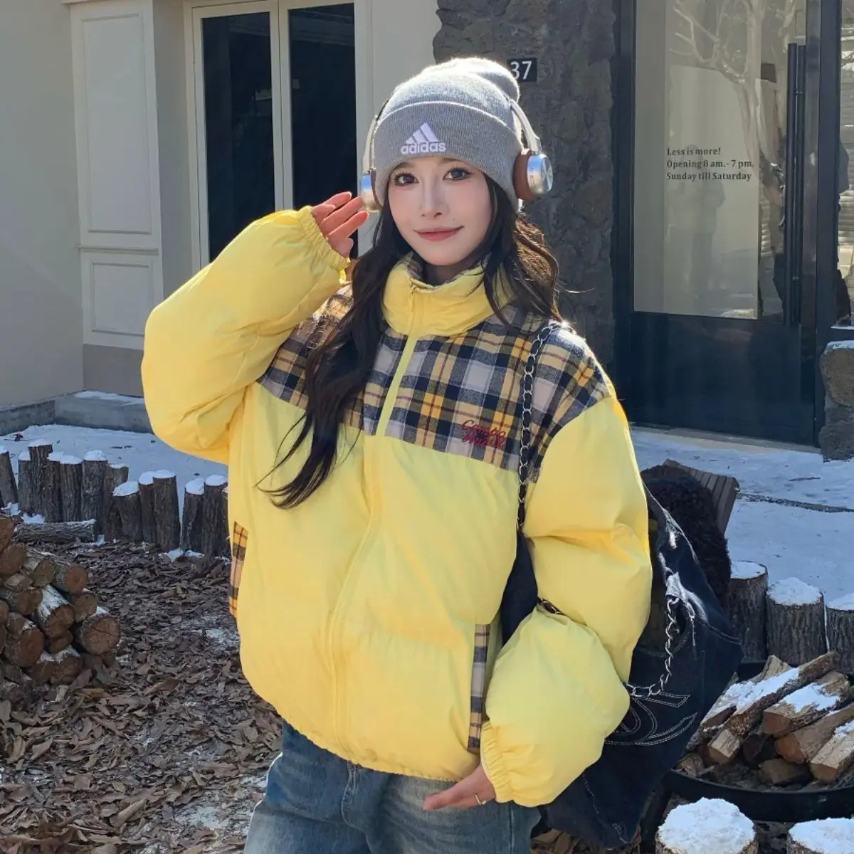 

Women's Splicing Grid Design Loose Jacket StreetStyle Autumn Winter Solid Color Outerwear Warm Tops Female Zipper Long Sleeves C
