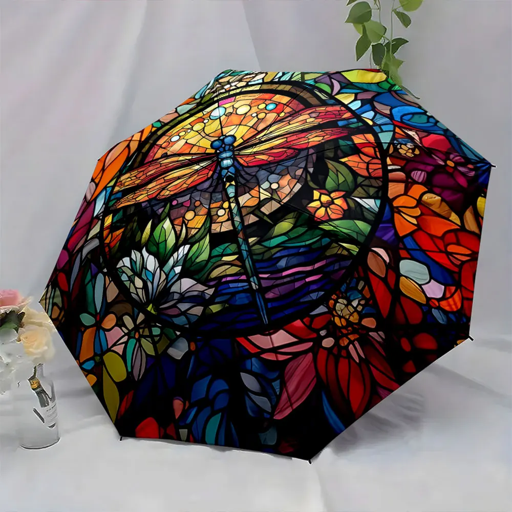 1PC Stained Glass Dragonfly Umbrella Design Print 8 Iron Ribs Folding Umbrella Auto-Open Fashion Sunshade