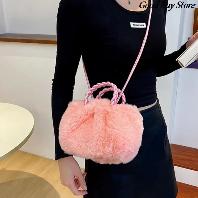 Women Winter Plush Shoulder Bags Evening Party Totes Female Party Underarm Bag Elegant Fluffy Fur Tote Handbag Braid Purses