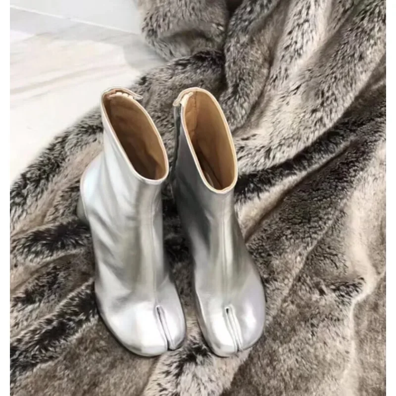 Split Toe Ankle Boos for Women Luxury Brand Designer Genuine Leaher Tabi Shoes Broken Mirror Silver Chunky Heels Booties