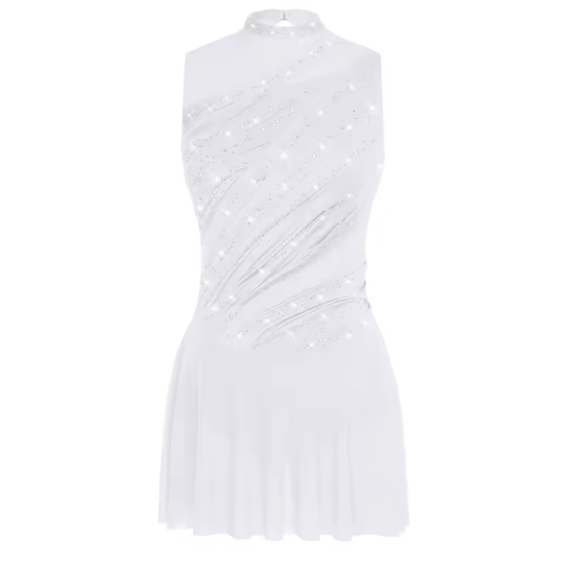 Women Ruched Ballet Lyrical Dancing Dress Round Collar Sleeveless Rhinestone Backless Dress for Stage Performance Competition - Image 14