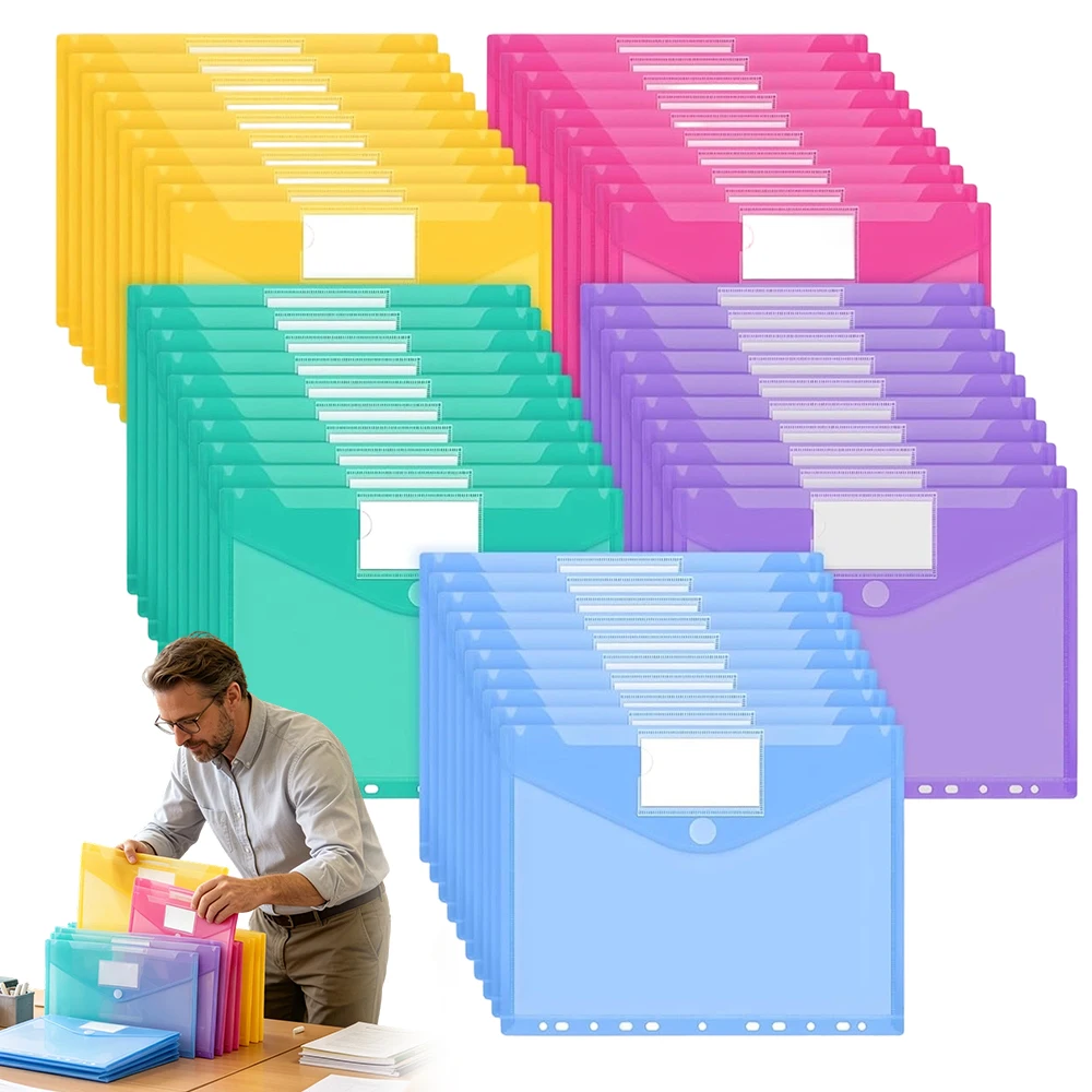 Lot de 50 porte-documents A4 imperméables à 11 trous, classeurs transparents 5 couleurs avec fermeture à pression et poches pour étiquettes, porte-documents fiable pour le travail de bureau, les examens étudiants et la conservation de contrats à long terme
