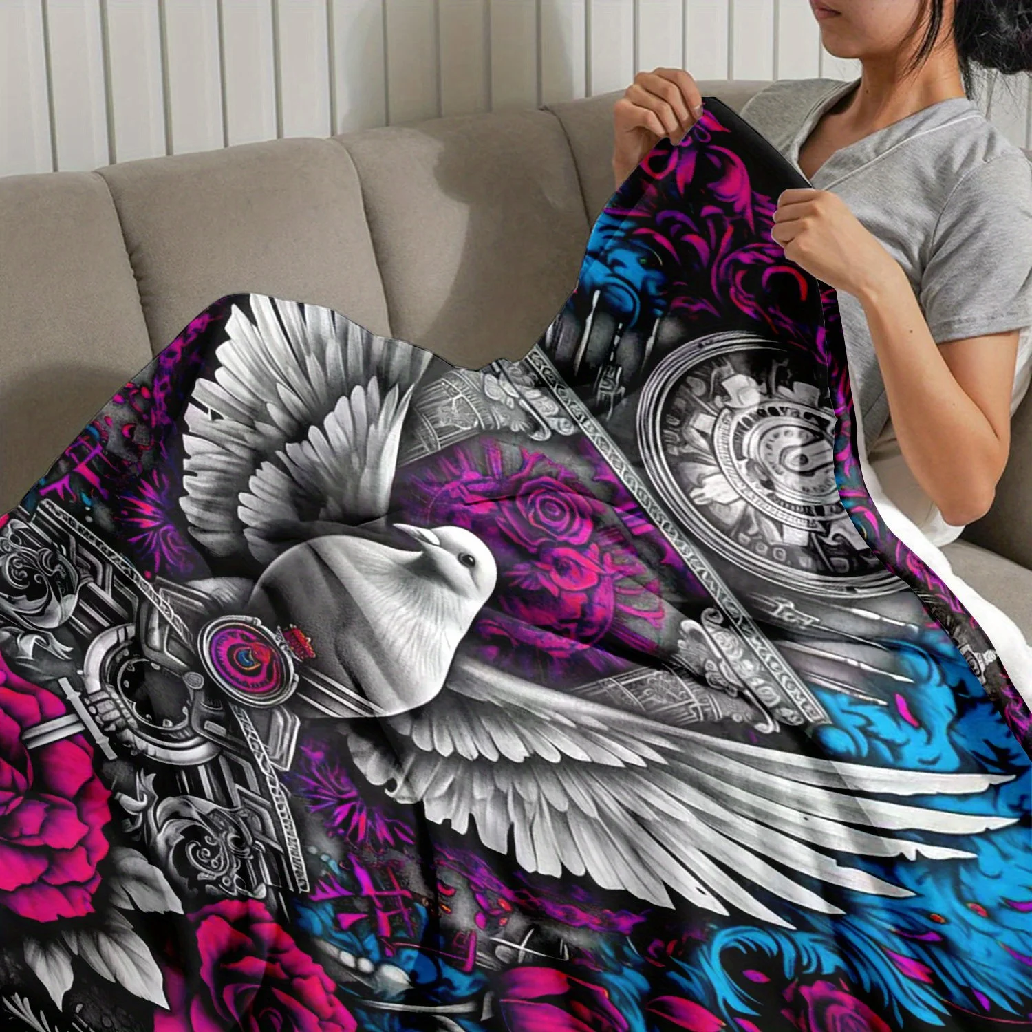 Gothic White Dove Rose Flannel Throw Blanket, Vintage Dark Floral Bird Print Soft Warm Blanket for Sofa Bedroom Home Decor