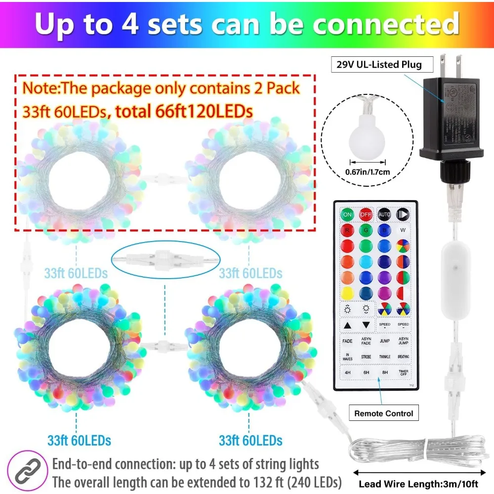 سلسلة أضواء كروية متغيرة الألوان بطول 66 قدمًا مع 120 مصباح LED وجهاز تحكم عن بعد و128 وضع إضاءة لزينة عيد الميلاد #6