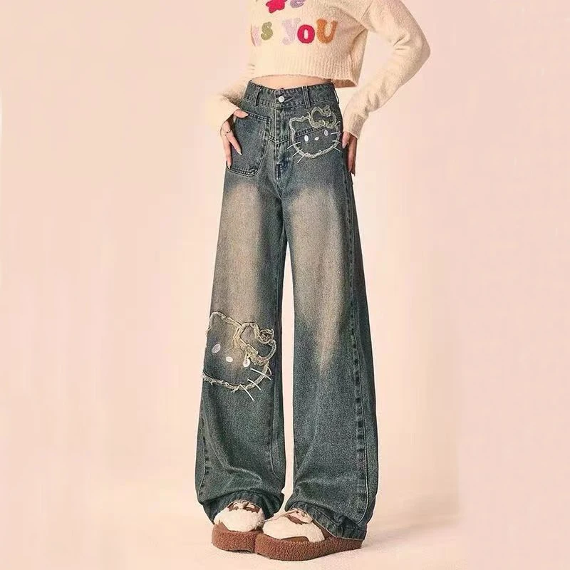 

Sanrio Kawaii Hello Kitty Jeans Pants Anime Cartoon Cute Girls New Retro Niche Design Versatile Casual Loose Blue Wide Leg Pants