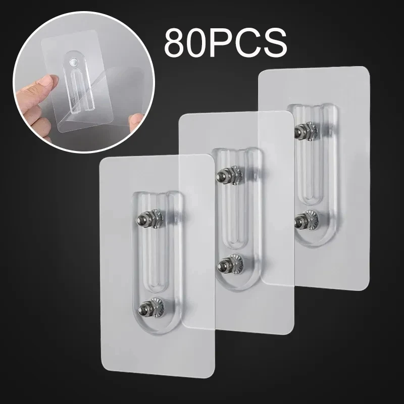 80pcs Adjustable Screw Stickers Strong Adhesive Seamless Sticky Wall Hook Nail Mounting Rack Double Pegs Wall Picture Hook Kits