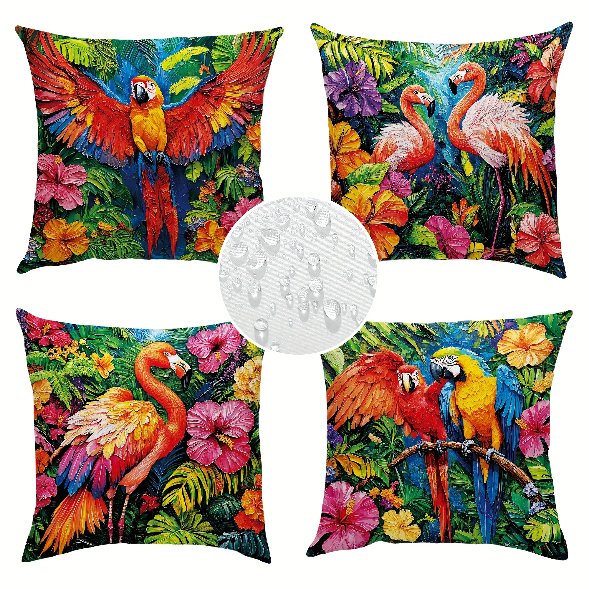 Juego  4 fundas para cojines corativos al aire libre con estampado doble cara, arte  pintura a óleo  plantas tropicales