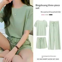 Ice Silk Pyjamas Three-Piece Set Women's Female Home Wear Trousers Simple Leisure Comfortable Loose Short-Sleeved Girl Sleepwear