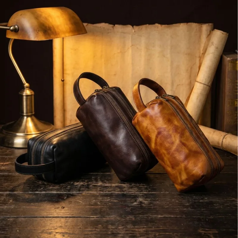 Distressed Genuine Leather Dopp Kit, Vintage Travel Toiletry Bag with Zipper Closure, Patina-Friendly Leather Organizer Handbag