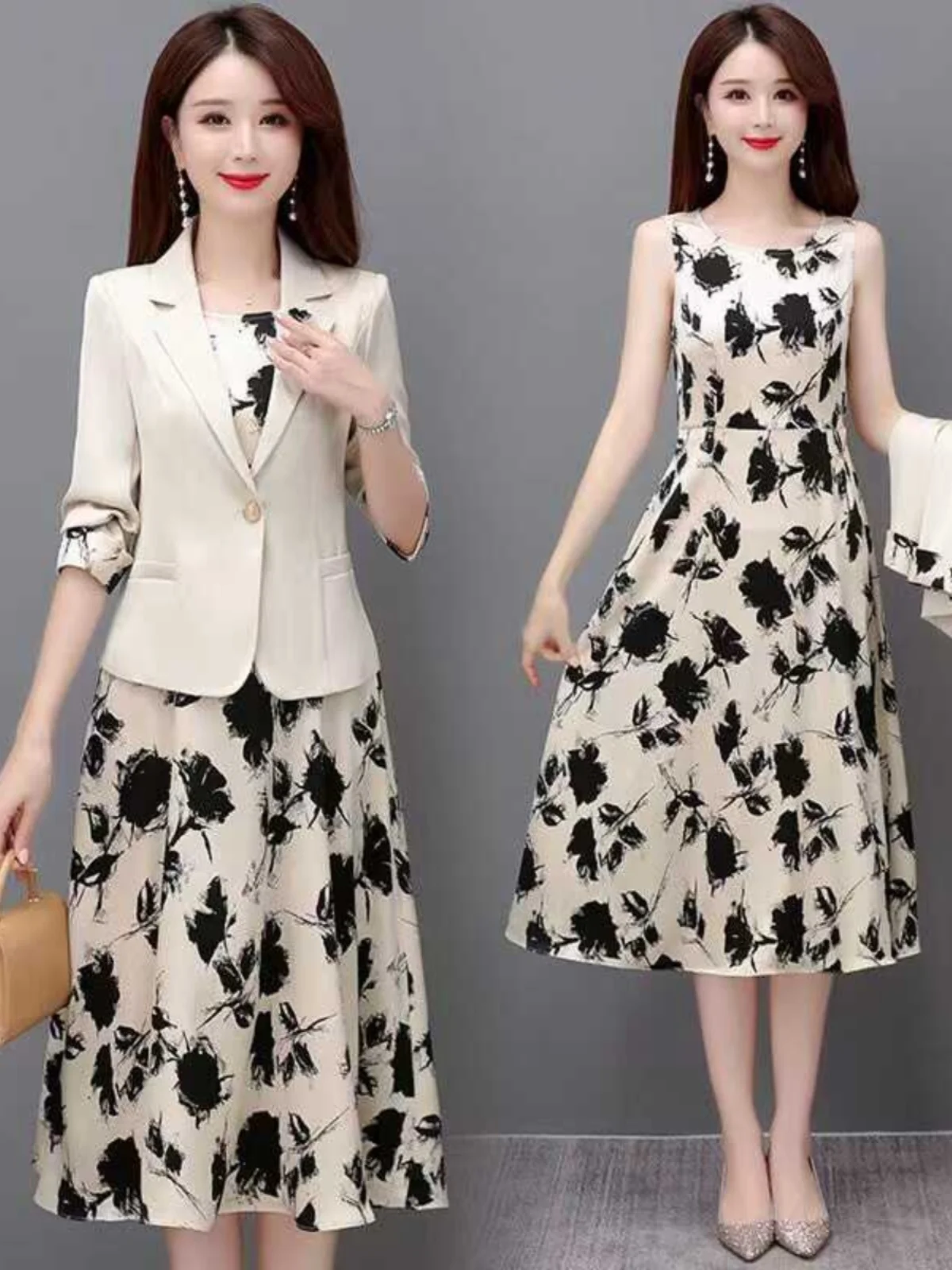 

plus Size Women's Suit Dress Coat Two-Piece Set Autumn New High-End Floral Pattern Slimming A-Line Skirt Korean Style Commute