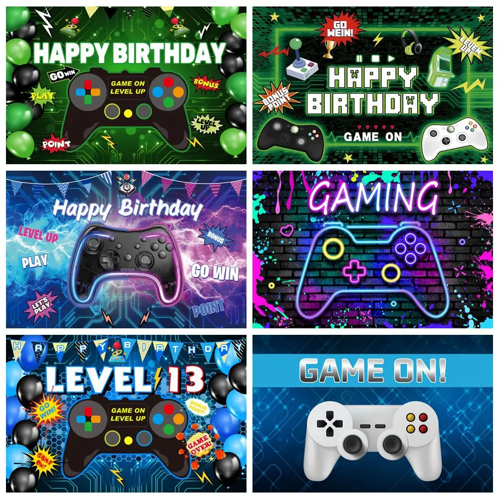 Gamepad Backdrop Game On Level Up Baby Shower Boys Birthday Party Customize Photography Background Decor Banner Photostudio Prop