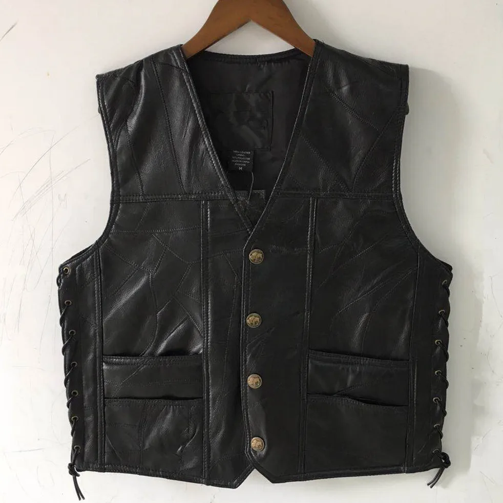 

2024 Men's Stitching Leather V-neck Vest Two Sides Threading Casual Motorcycle Leather Vest