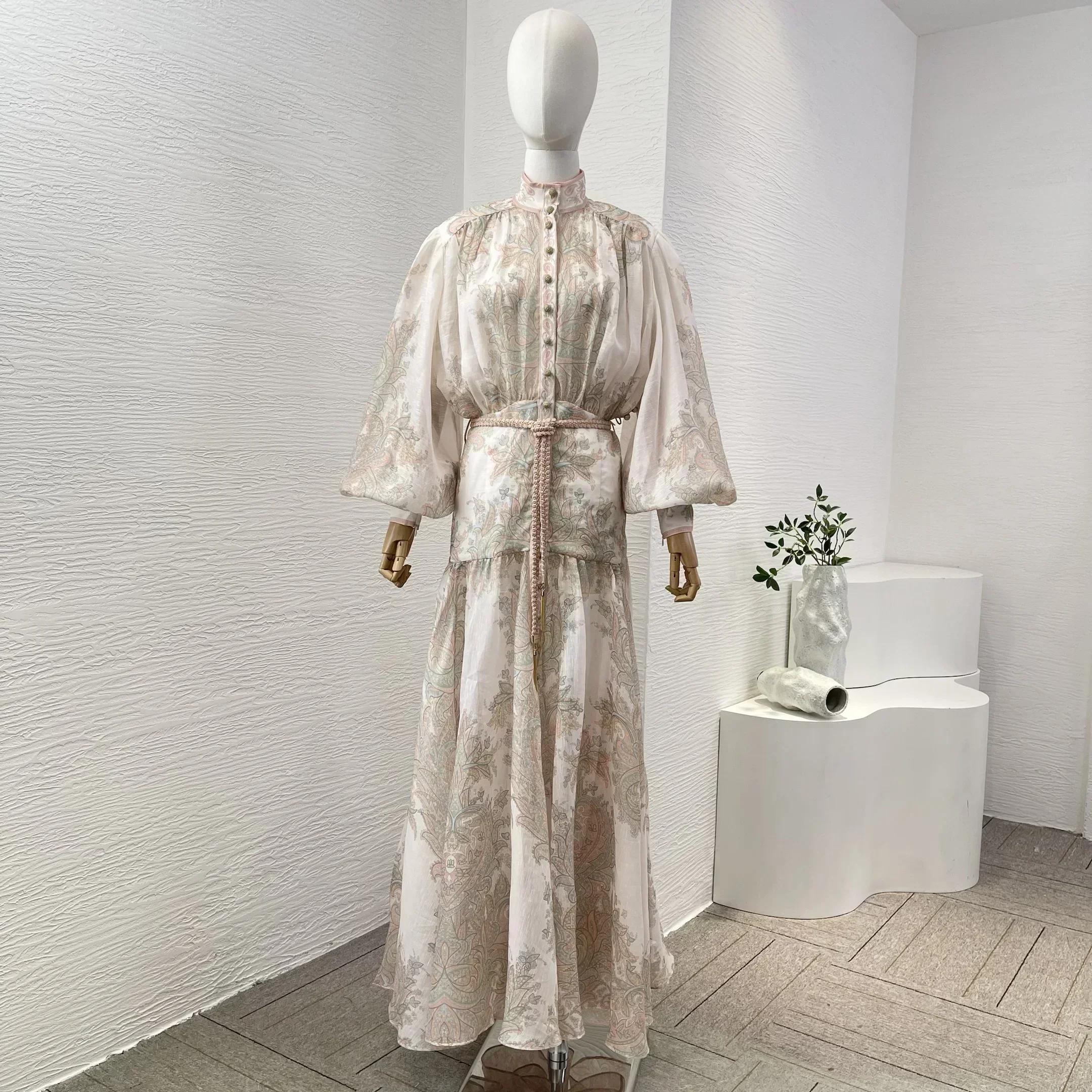 Linen Silk 2024 Fall New Arrivals Vintage Paisley Long Lantern Sleeve Stand Collar Women Re-tro Maxi Dress