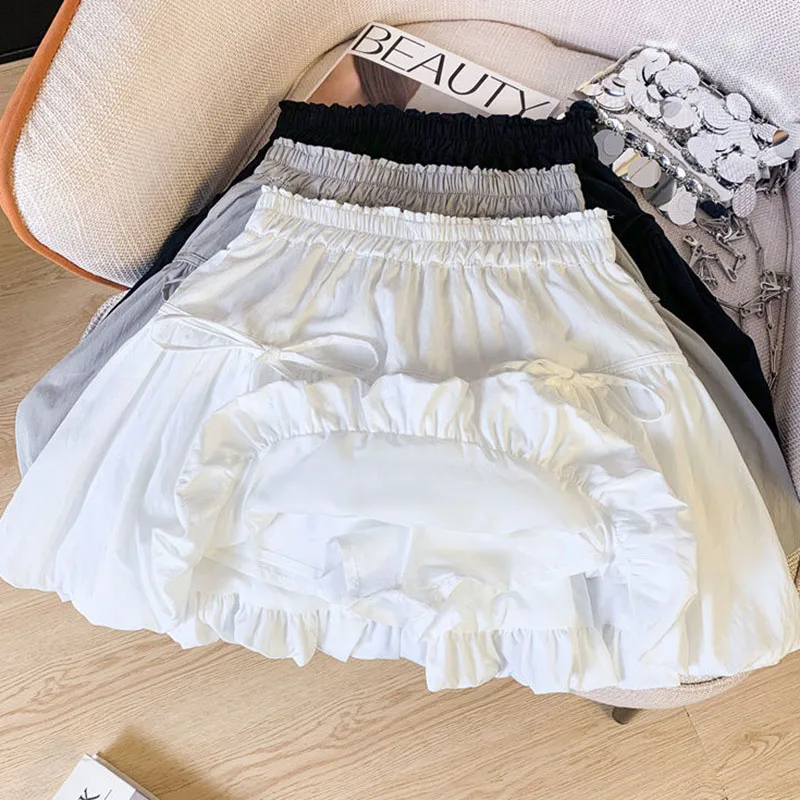 Lucyever Sweet Bowknot A Line Skirt Women White Elastic Waist Princess Cute Simple Mini Skirt Girls Korean Puffy Fairy Skirts