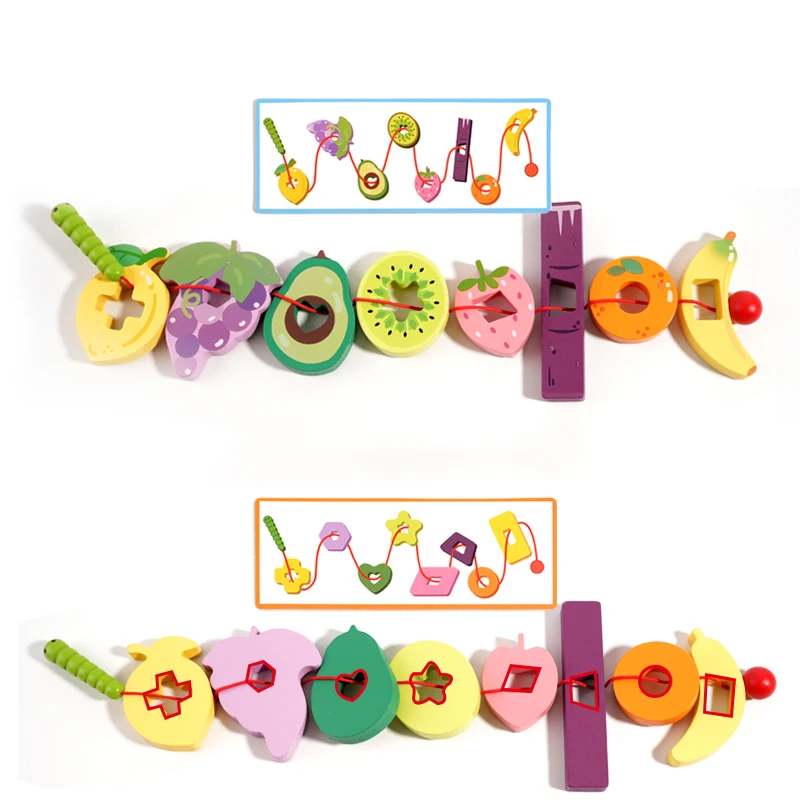 1 Stück Holz-Cartoon-Frucht-Bespannungsspiel für Kinder mit Farb- und Formerkennungskarten, geeignet für Kinder ab 3 Jahren
