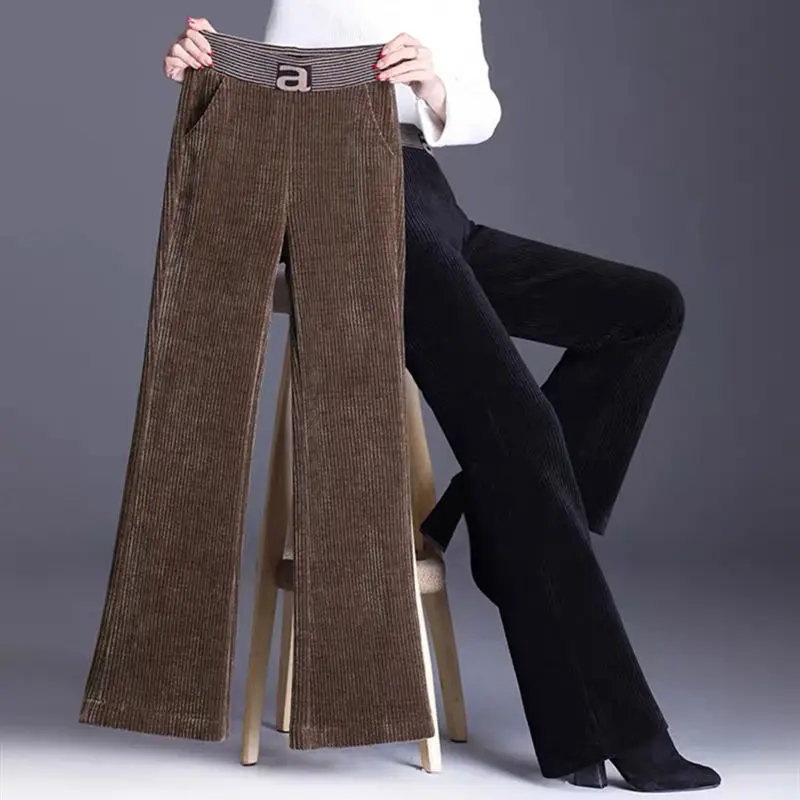 

Thin Elastic High Waist Wide Leg Pant female 2023 New Women Elegant Straight Trousers Vintage Patchwork Baggy Corduroy Pants