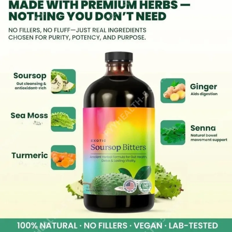 Soursop Bitters Liquid Botanical Blend with Black Seed, Sea Moss, Moringa, Ginger, Turmeric, Daily Wellness Digestive Support,