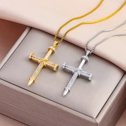 New Zircon Inlay Nail Cross Pendant Necklaces For Women Trendy Punk Style Female Stainless Steel Neck Chain Jewelry Wholesale