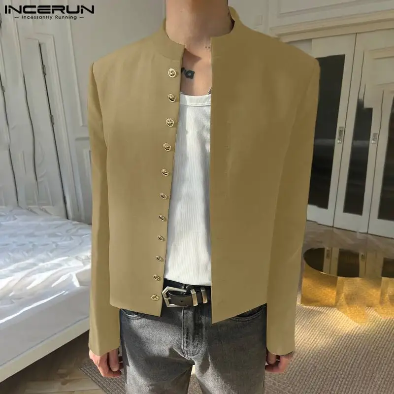 INCERUN Men Blazer Solid Color Stand Collar Long Sleeve Button Casual Male Suits Streetwear 2024 Autumn Fashion Thin Coats Men