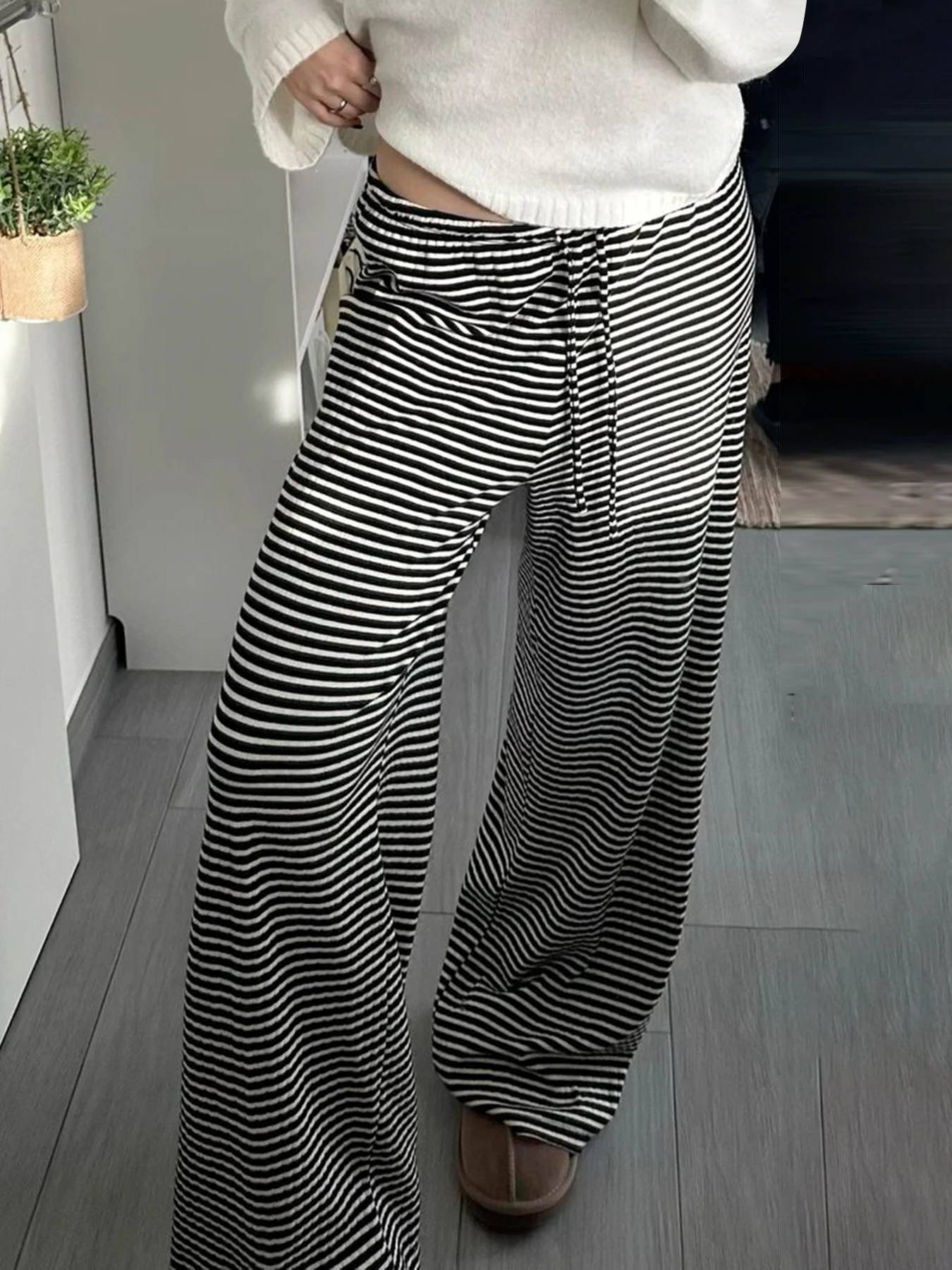 

Rockmore Fashion Low Waist Pants Women 2024 Fall Casual Streetwear Y2K Striped Print Wide Leg Trouser Baggy Female Straight Pant