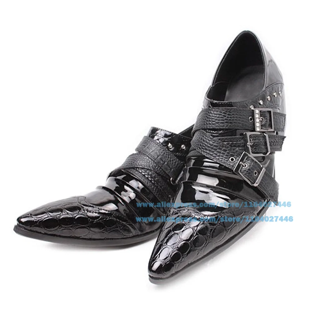 Three Buckles Decoration Pointed Toe Shoes Men British Style Leather Shoes Luxury Party Wedding Shoes large size Men Shoes