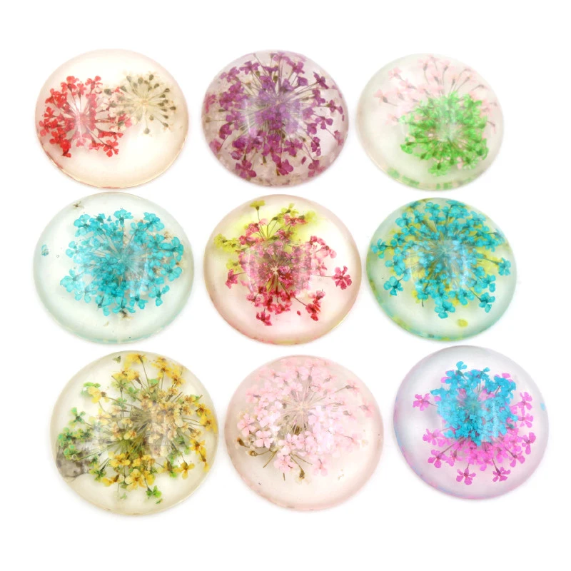 New Fashion 5pcs 25mm Mixed Natural Dried Flowers Flat Back Resin Cabochons Cameo