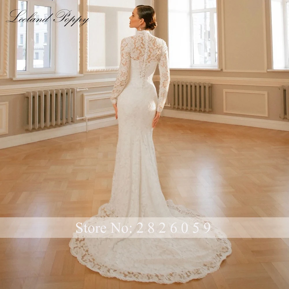 أيسلندا الخشخاش مخصص الرقبة العالية الدانتيل حورية البحر فساتين الزفاف الأكمام الكاملة أثواب الزفاف مع قطار المحكمة