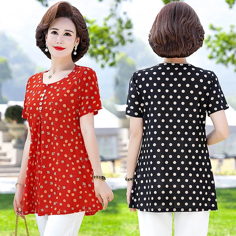 Plus size 7XL Loose Women Summer Shirts Lady Fashion Casual Short sleeve O-Neck Collar Button Mother dot Printing Blusas Tops