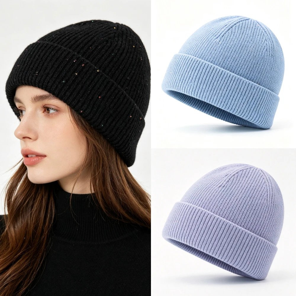 Women’s Cuffed Ribbed Knit Beanie Hat, Speckled Glitter Decorative Winter Hat, Elegant Street‑Style Fall Winter Cap