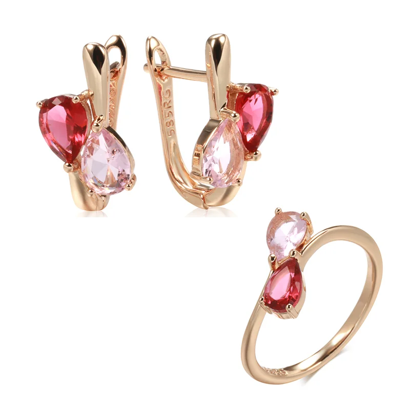 Wbmqda Fashion Red With Pink Natural Zircon Drop Earrings Ring For Women 585 Rose Gold Color Romantic Wedding Fine Jewelry Sets