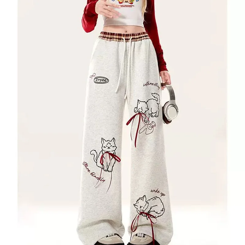 

Autumn Winter New Casual Soft Warm Wide Leg Pants Women's Clothing Fashion Cartoon Bow Long Pants