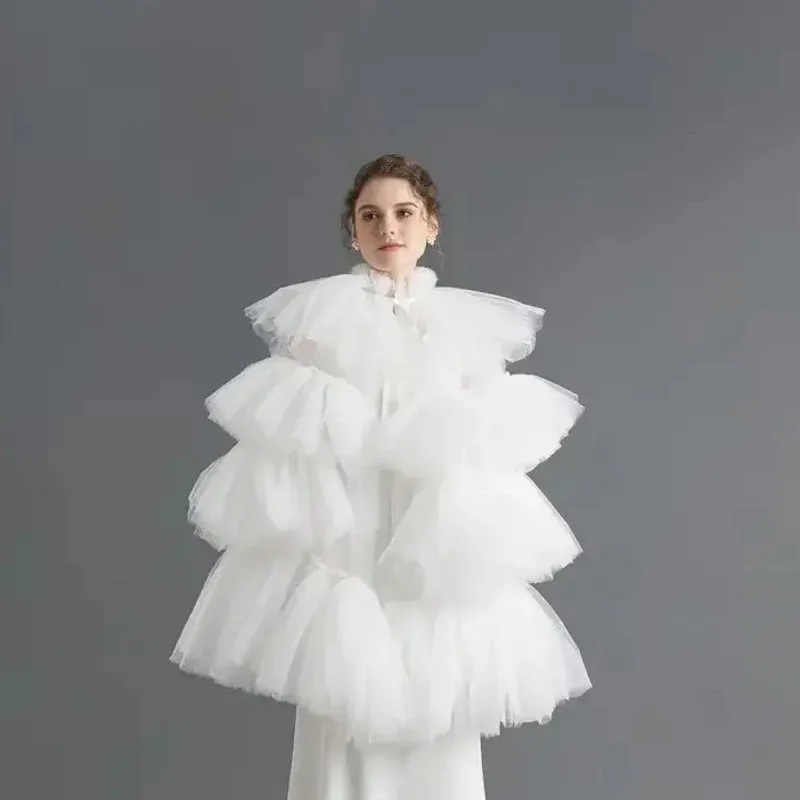 

Очаровательный женский топ, накидка, многослойная куртка, многоуровневая тюлевая блузка с рюшами, женская куртка, модный тюлевой топ, многослойная куртка белого цвета